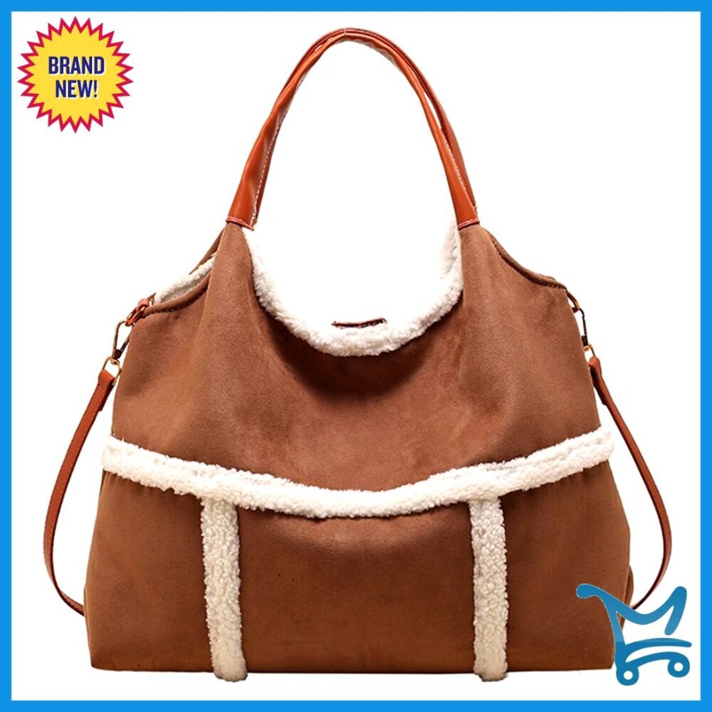 Large Suede Tote Bag with Faux Wool Lining Crossbody Shoulder Purse
